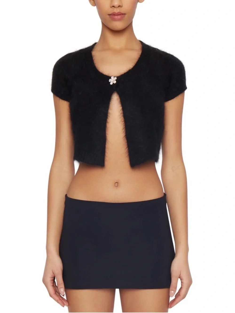 Guizio Cropped Angora Fuzzy Flower Rhinestone Single Closure Cardigan In Black